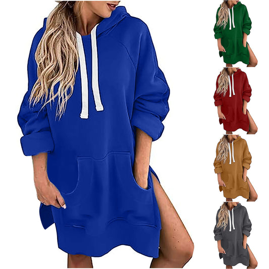 Loose-fitting Women's Sweater Long Sleeve Solid Color Drawstring Top