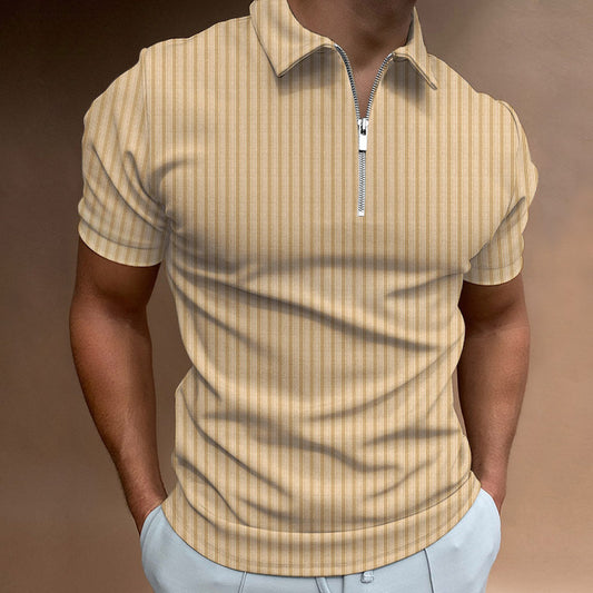 Men's T-shirt Striped Zipper Short Sleeve Solid Color